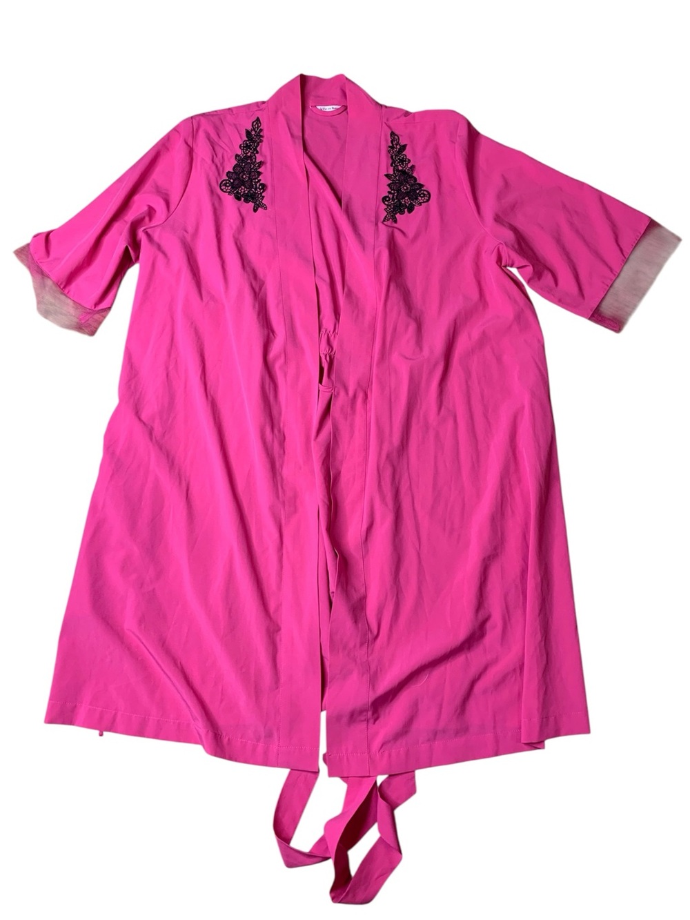 La Vie en Rose Hot Pink Kimono Robe with Black Lace & Mesh Trim - S/M